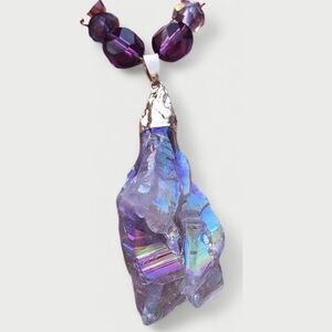 Aura Quartz Crystal Pendant Necklace Czech  Purple Beads 17" Rainbow Festival